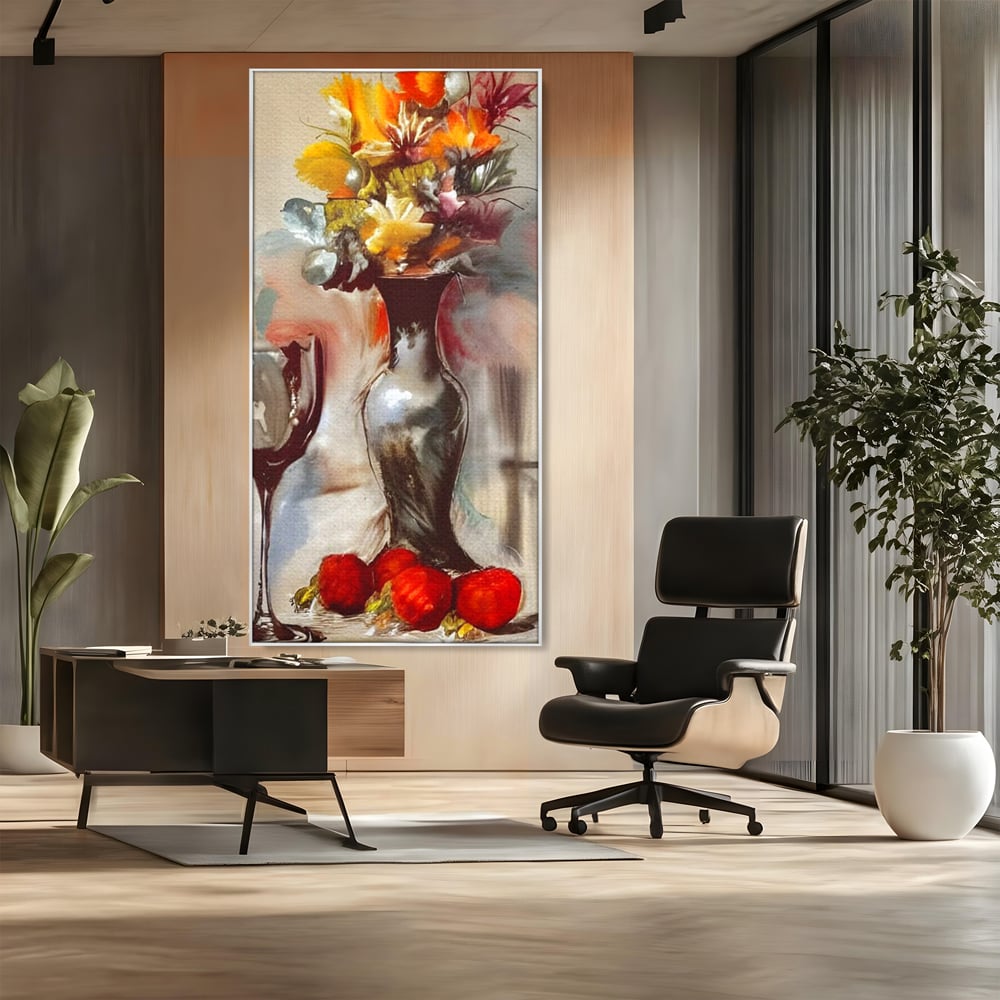 Tablou canvas cu pictura cu vaza, flori si pahar de vin, in rama de aluminiu argintiu, pe perete intr-un birou